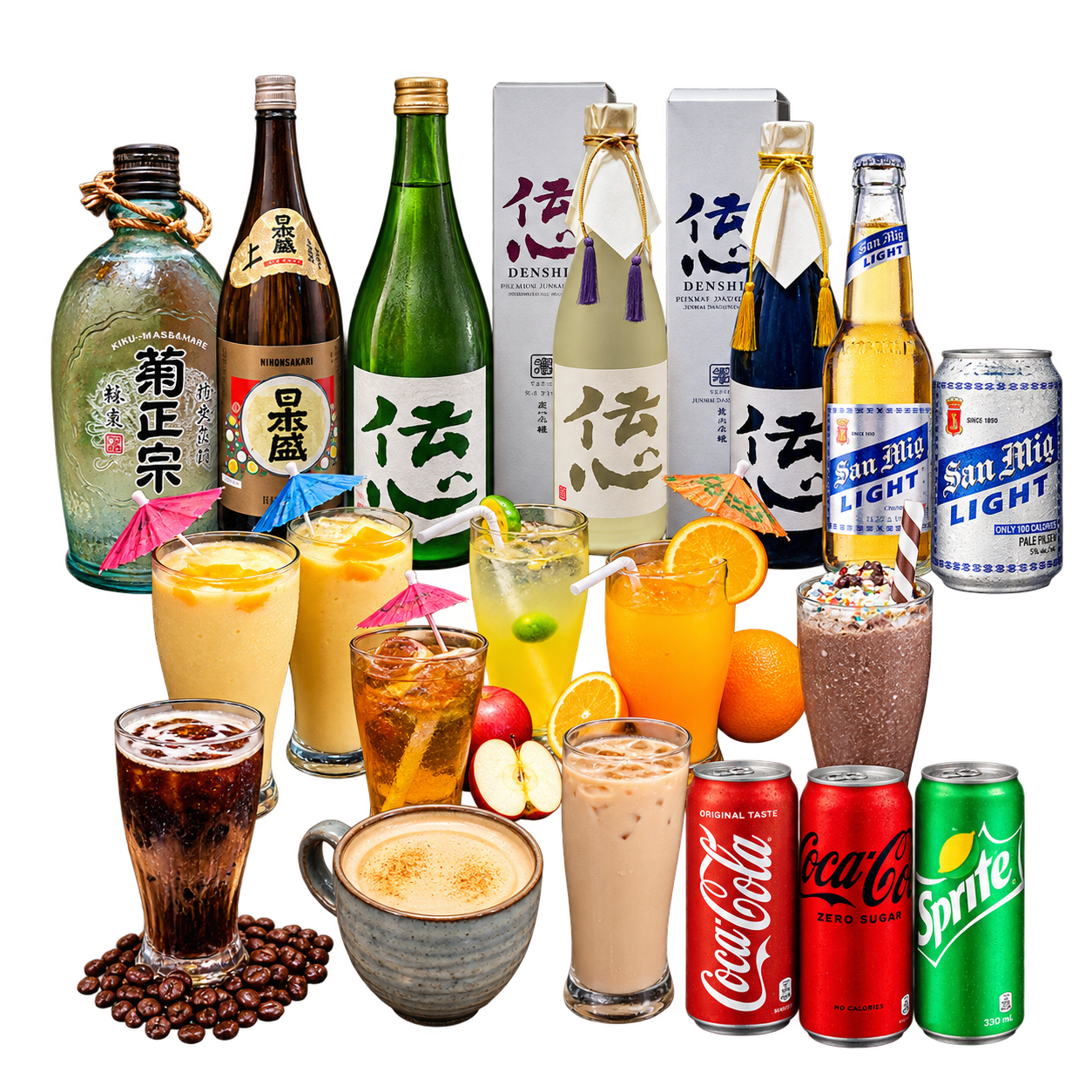 Sake, beer, juices, coffee and soft drinks grouped together